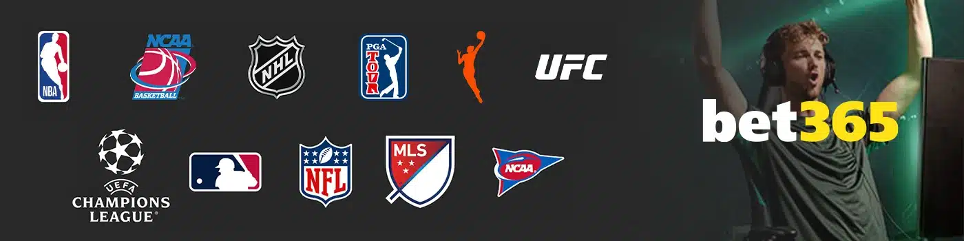 Logos of sports leagues to bet on with bet365 North Carolina, including the NFL, NBA, NCAA, and MLB