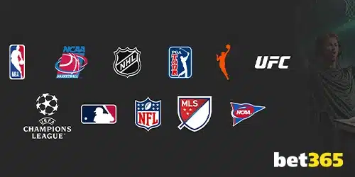 Logos of sports leagues to bet on with bet365 North Carolina, including the NFL, NBA, NCAA, and MLB