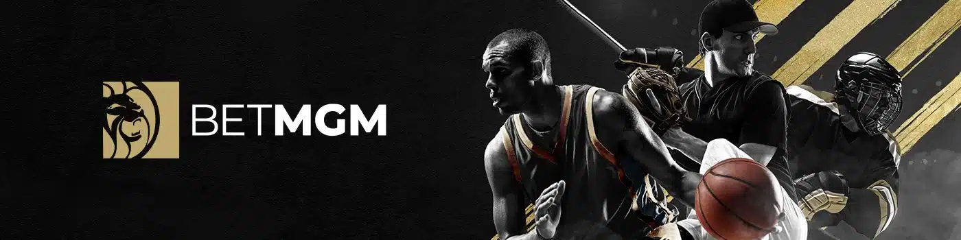 A promotional image for BetMGM North Carolina featuring their logo and athletes from sports like basketball and baseball.