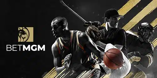 A promotional image for BetMGM North Carolina featuring their logo and athletes from sports like basketball and baseball.