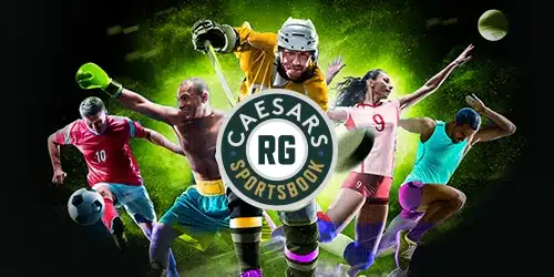 A promotional collage for Caesars Sportsbook North Carolina featuring athletes from sports like hockey, soccer, and boxing.