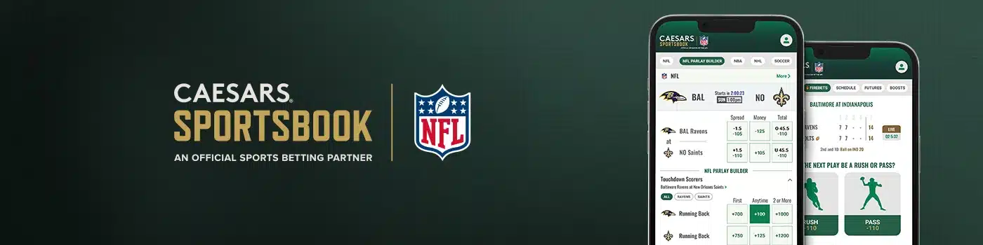 The Caesars Sportsbook app, an official NFL partner, showing its interface for NFL betting in North Carolina.