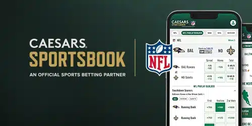 The Caesars Sportsbook app, an official NFL partner, showing its interface for NFL betting in North Carolina.