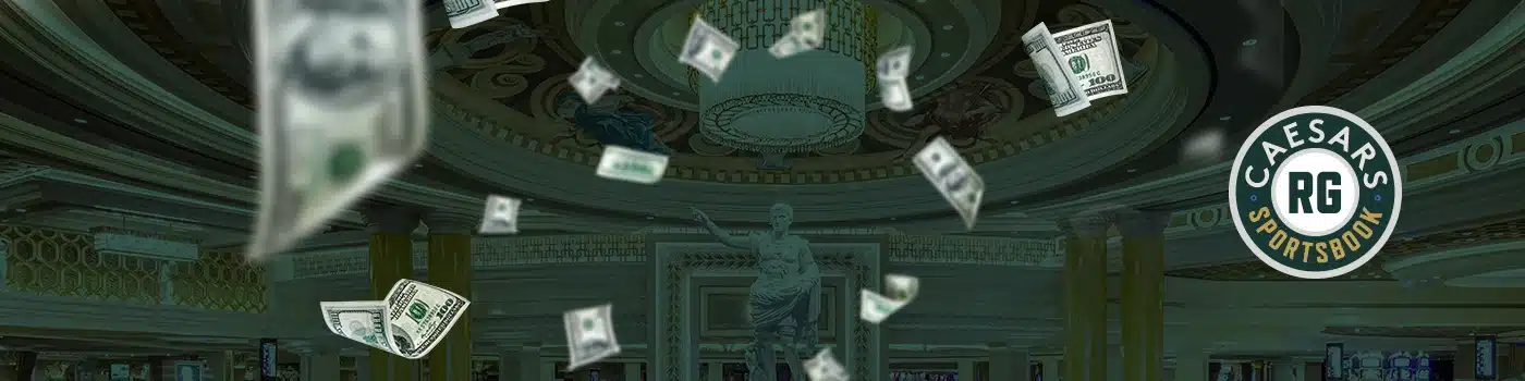 Promotional image for Caesars Sportsbook North Carolina showing money raining down inside a lavish casino.