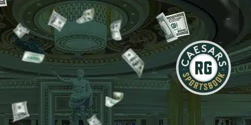 Promotional image for Caesars Sportsbook North Carolina showing money raining down inside a lavish casino.