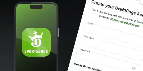 Creating a DraftKings North Carolina account, showing the sportsbook app icon and the registration form.