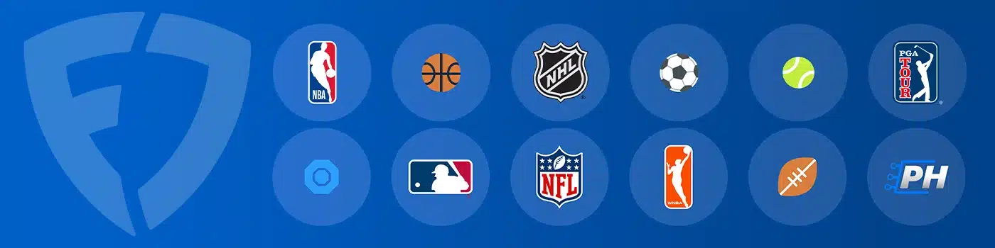 Icons of sports betting markets available on FanDuel North Carolina, including the NFL, NBA, MLB, and PGA Tour.