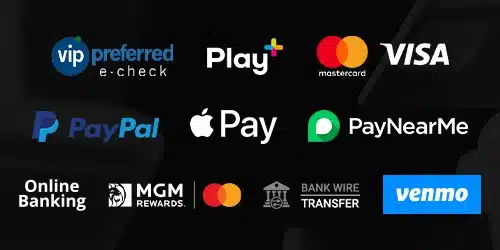 betmgm north carolina promo code payments banner with MasterCard, Visa, PayPal, MGM Rewards, apple Pay, Play+, Venmo logos