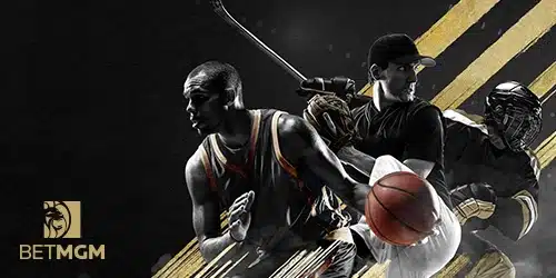 betmgm north carolina promo code games banner with a basketball player, a baseball player and a hockey player