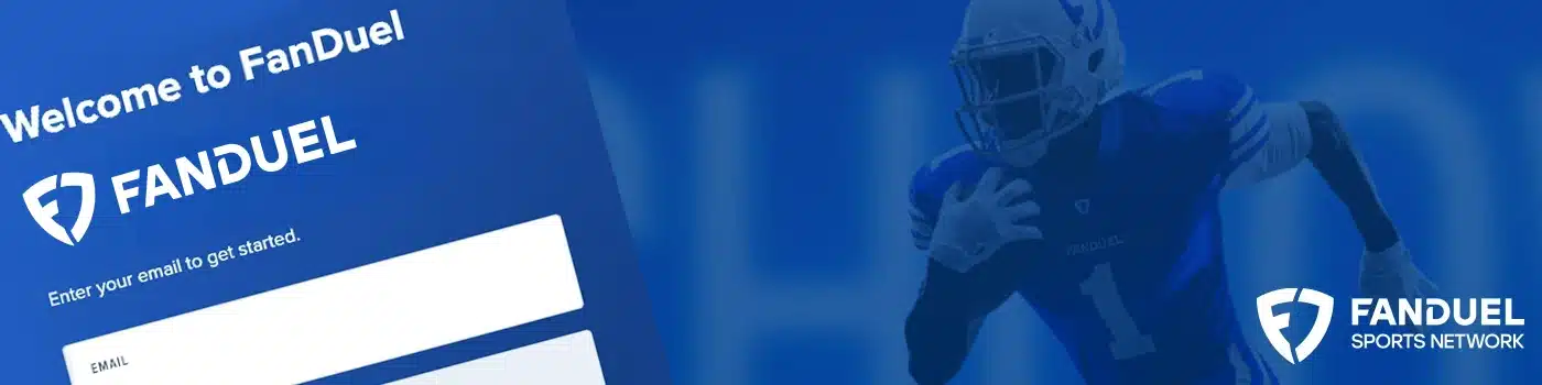 FanDuel sportsbook desktop banner showing an athlete and a part of the registration process