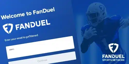 FanDuel sportsbook desktop banner showing an athlete and a part of the registration process